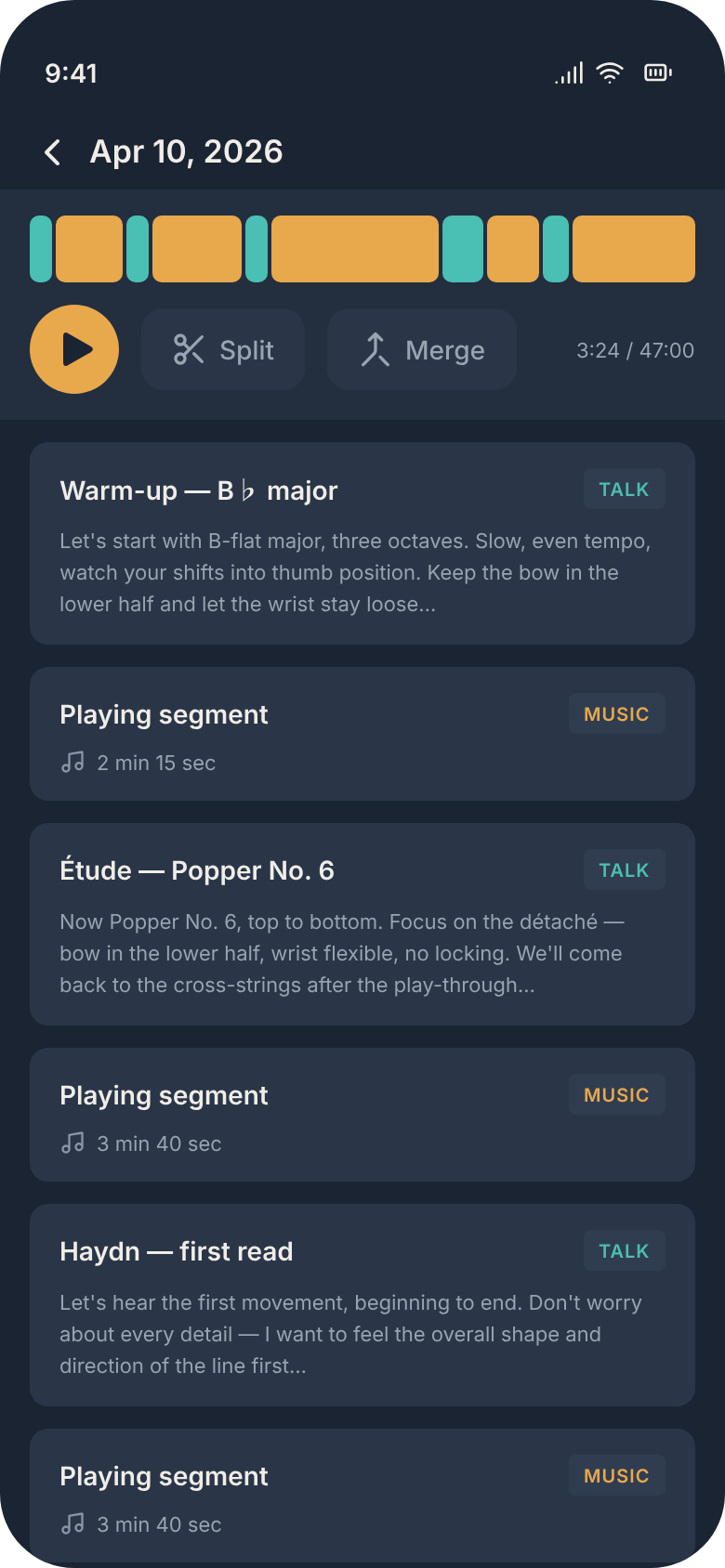 MneMuse splitting a lesson into labeled moments