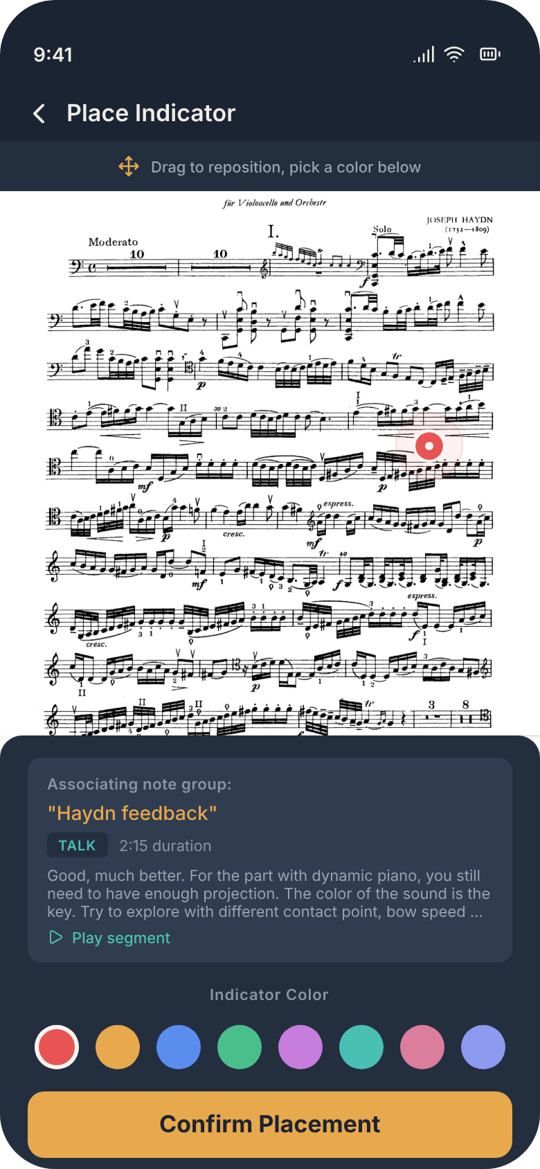 A moment pinned to a specific bar of the score